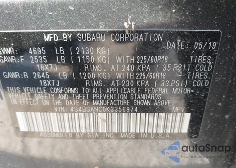 2019 Subaru Outback 2.5I Limited from USA, damaged, VIN 4S4BSANC0K3356974